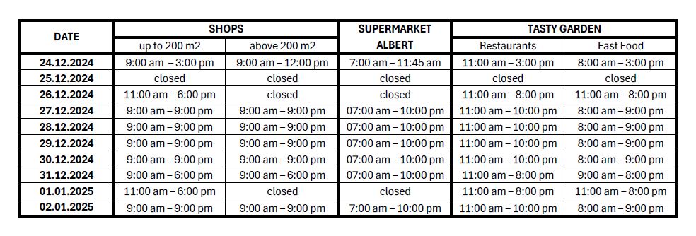 Opening hours of PALLADIUM during Christmas holidays and on New Years Day